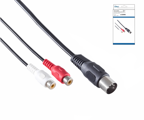 DINIC DIN-Stecker auf Stereo Cinch-Buchse, schwarz DIN-Stecker. 180° (5-Pin) zu 2x Cinch-Buchse, Box